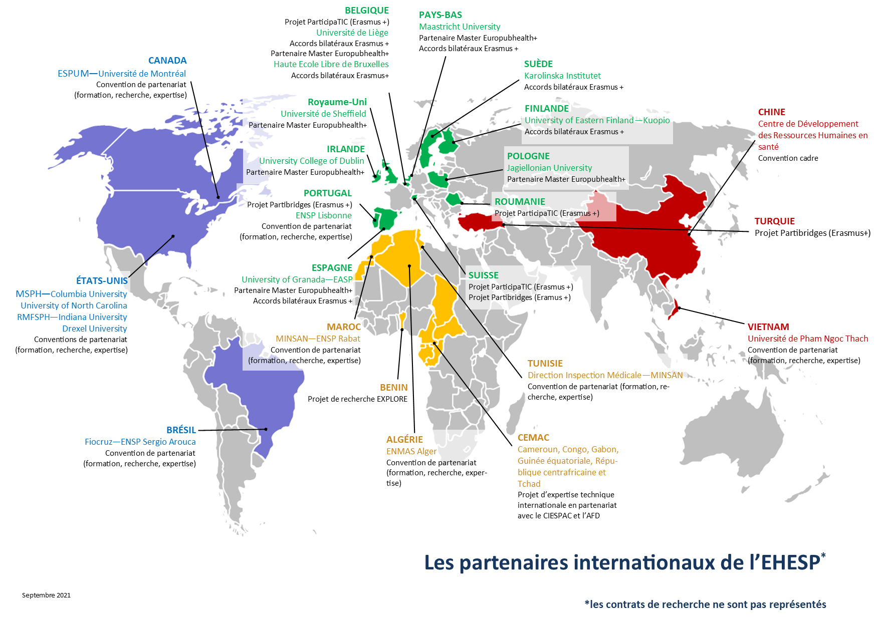 Carte montrant les partenaires institutionnels de l'EHESP dans le monde.