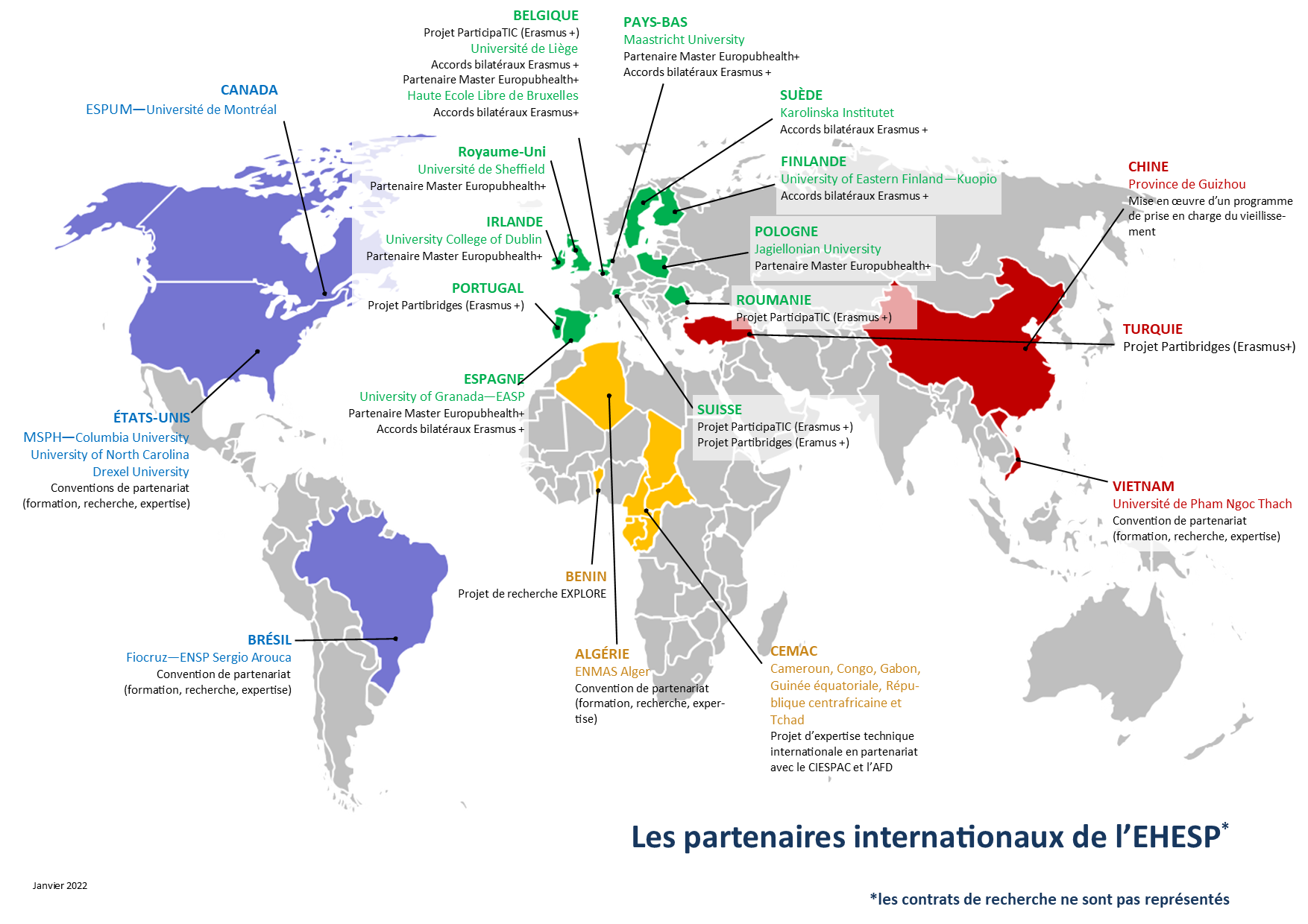 L'image est une carte du monde qui montre les différents partenaires de l'EHESP en janvier 2022